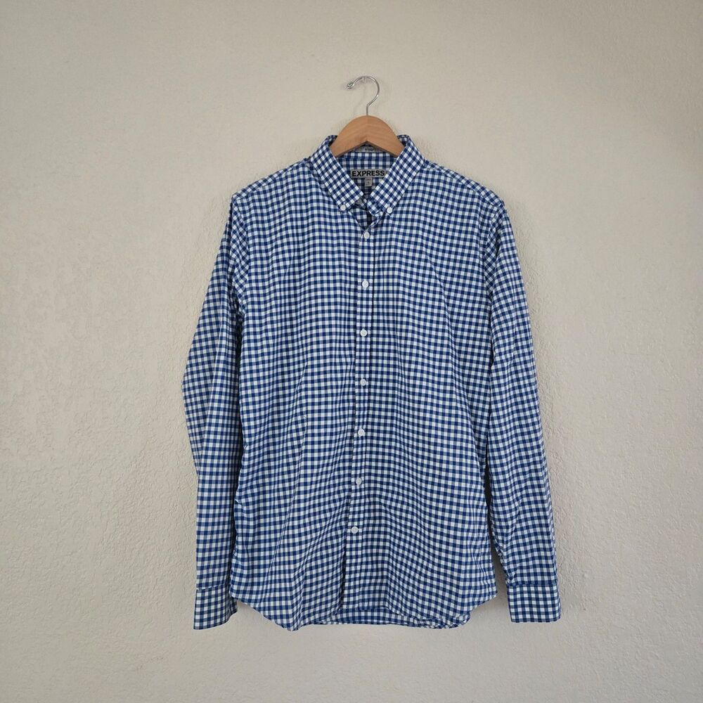 Express Men's Long Sleeve Check Button-Up Shirt Blue & White Size L 16-16.5